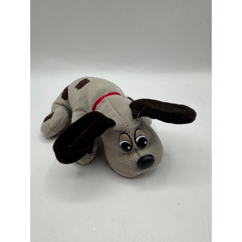 Pound Puppies Plush Toy Kids 9 Inch Grey Brown Spotted Dog Vintage Red Collar